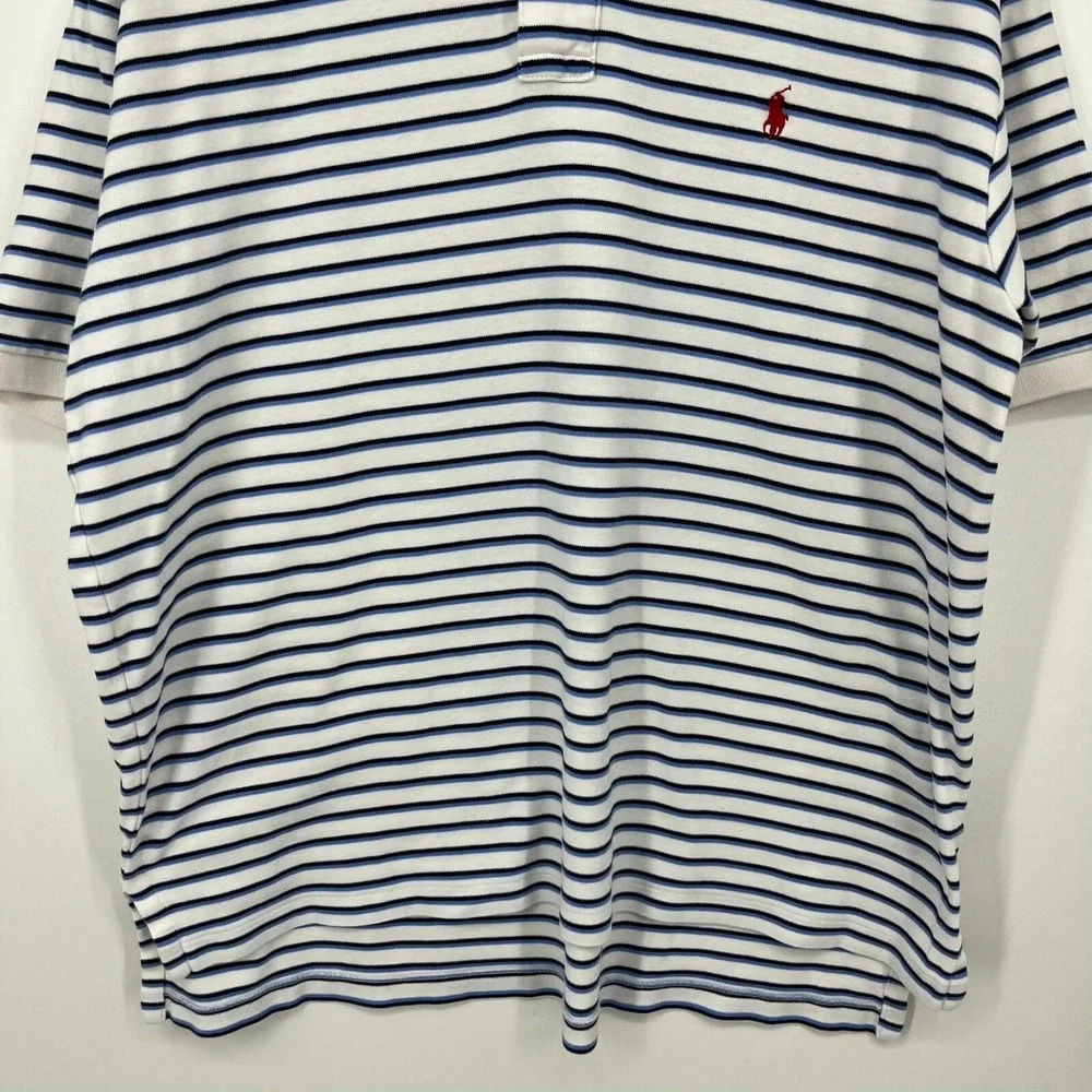 Polo‎ Ralph Lauren Polo Shirt Men's XL White Blue Striped Short Sleeve Pony Logo